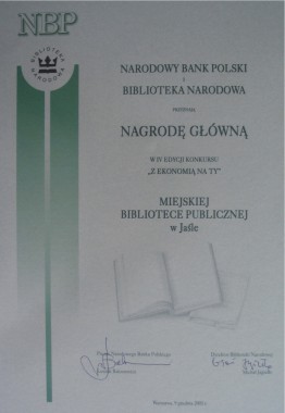 Nagroda główna za udział w ogólnopolskim konkursie Narodowego Banku Polskiego i Biblioteki Narodowej „Z ekonomią na ty”