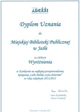 Wyróżnienie Fundacji ABCXXI Cała Polska czyta dzieciom za rok szkolny 2011/2012