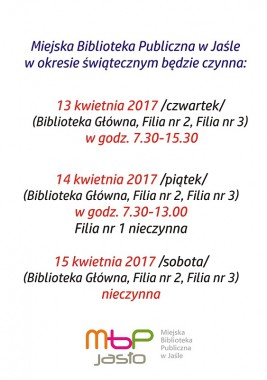 Godziny pracy Biblioteki w okresie 13-15 kwietnia